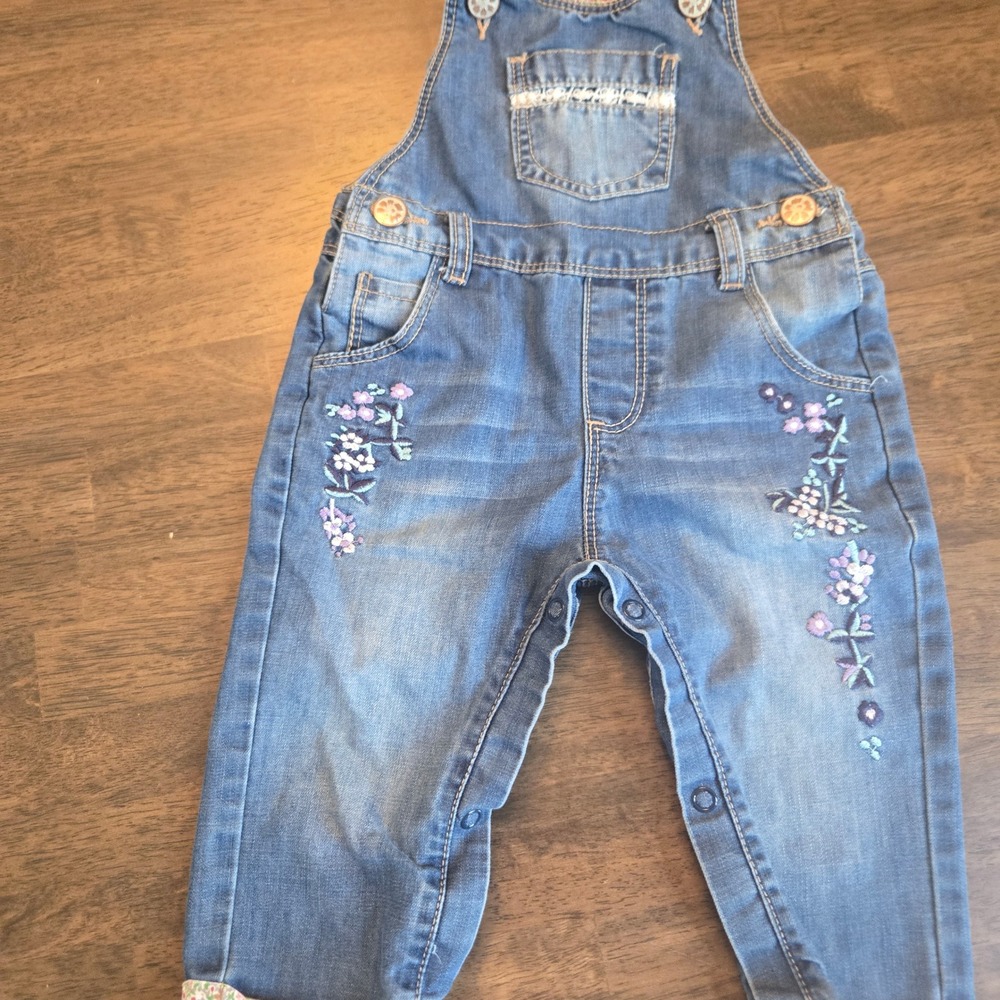 Kidscool Space Girls Floral Embroidered Denim Overalls Blue 12-18 Months Lace‎